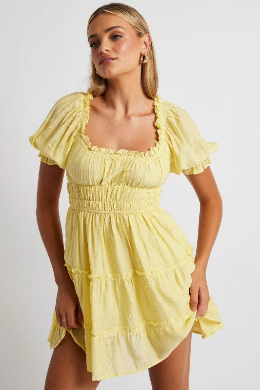 Casual Apparel For Women Yellow Fit And Flare Dress Puff Sleeve