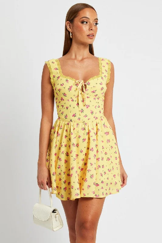 Trendy Boutiques Online Yellow Floral Fit and Flare Dress Sleeveless Lace Trim