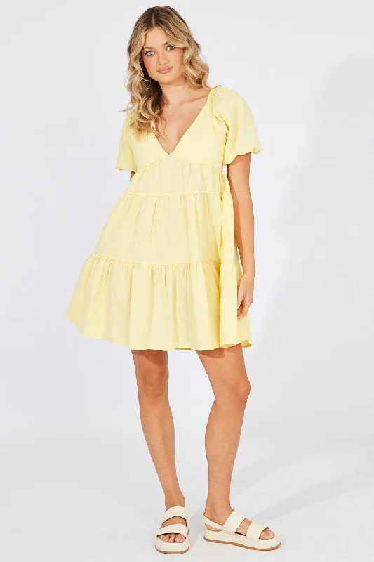 Best Online Boutiques Yellow Mini Dress Puff Sleeve