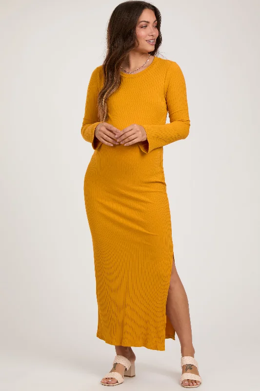 End of Season Sale Yellow Ribbed Side Slit Maternity Maxi Dress