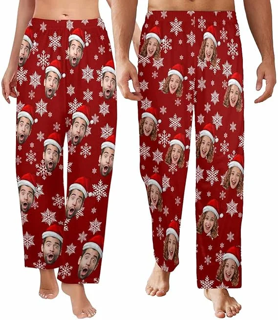 Chic Women's Clothing [New Design] Custom Face Pajama Pants for Women Men Personalized Sleep Bottoms Snowflake Printed Pj Casual Pajamas Loose Fit Lounge Pants