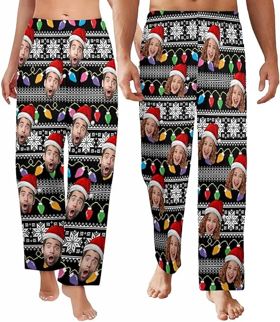 Plus Size Women's Fashion and Clothing [New Design] Custom Face Pajama Pants for Women Men Personalized Sleep Bottoms  Christmas Light Printed Pj Casual Pajamas Loose Fit Lounge Pants