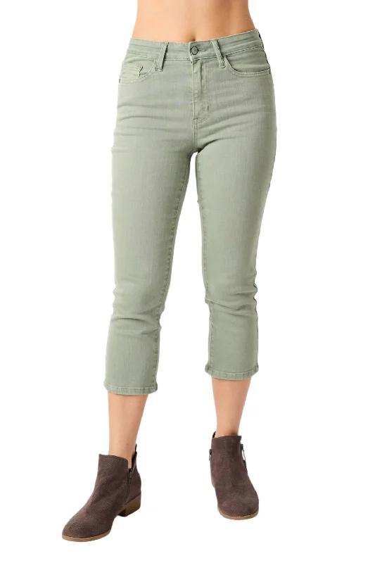 Classic Clothes For Women Mid Rise Garment Dyed Capri Denim In Olive