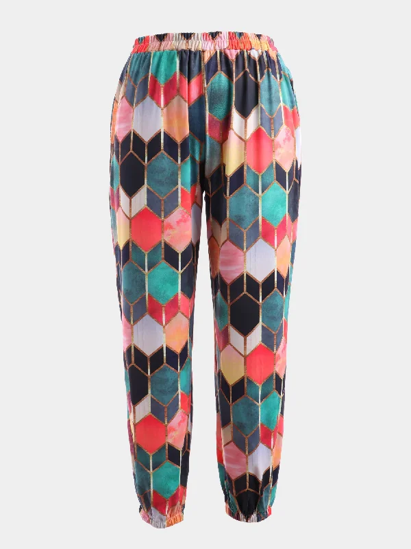 Women's Evening Wear Midsize Vintage Geometric Print High-Waisted Pants