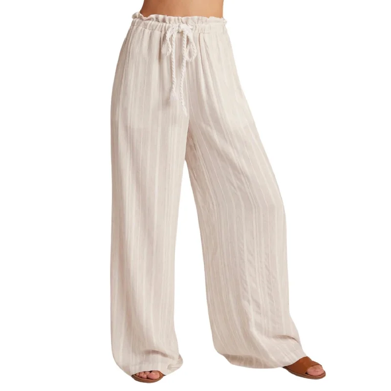 Elegant Women's Clothing Online Smocked Ruffle Waist Wide Leg Crop Pants In Sand Stripe